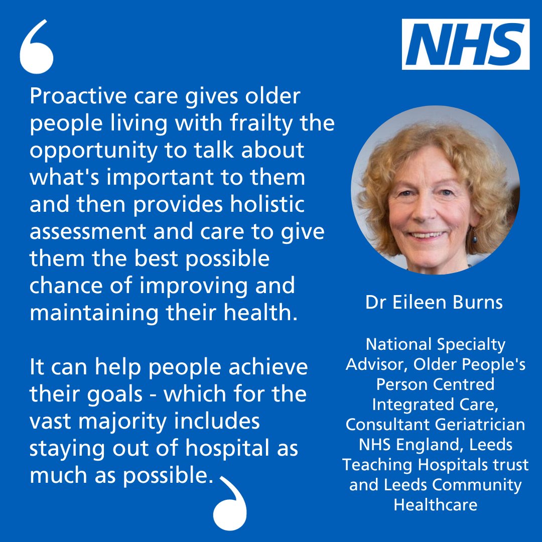 At this Friday’s #CommunityHealthServices webinar <a href="/EileenBurns13/">Eileen Burns</a> will discuss #ProactiveCare and how we can help people achieve their goals – which include staying out of hospital.
  
Don’t miss it!
events.england.nhs.uk/events/communi… 
#Frailty