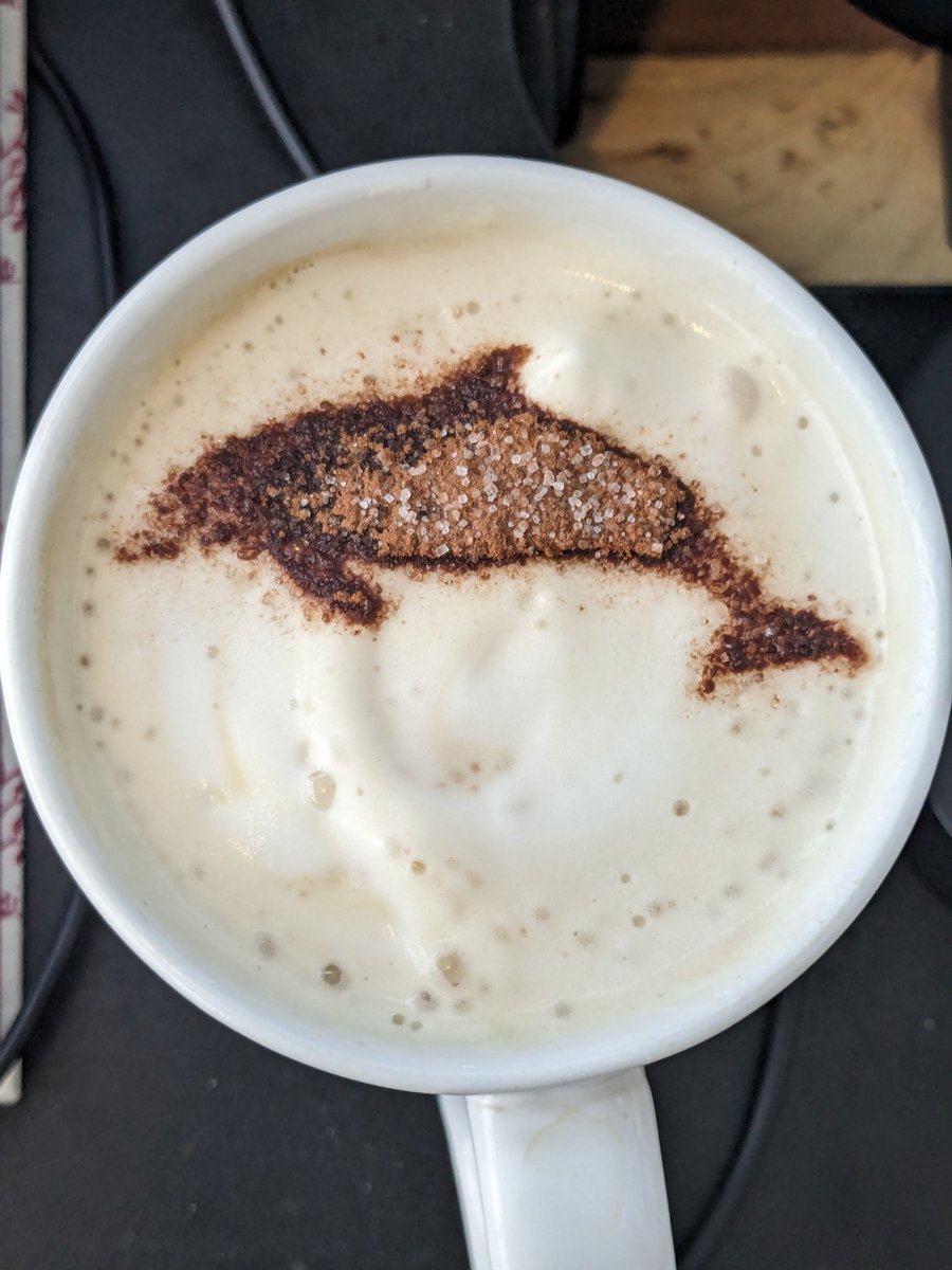 The only blue thing about today is the connect to the sea through my increasingly better attempts at using my dolphin stencil from my folks on my morning coffee! Thanks @samaritans for the rebrand to #BrewMonday - looking forward to lots of cuppa catch ups today with colleagues