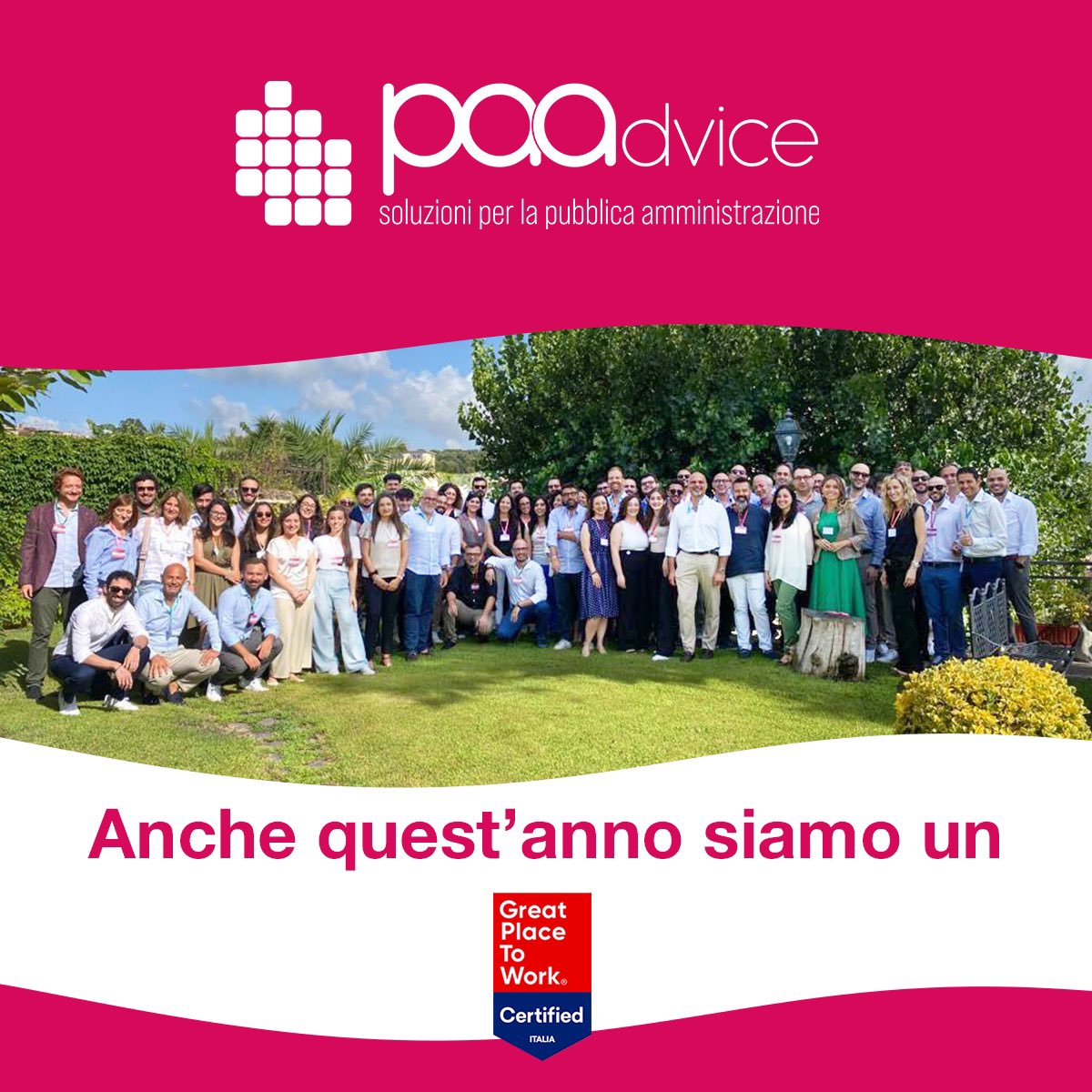🏅Diamo il benvenuto al primo nuovo riconoscimento del 2024: per il terzo anno consecutivo, PA Advice  è stata certificata da #GreatPlaceToWorkItalia come azienda dove si lavora bene secondo il parere delle nostre persone 🫶 #gptwcertified #worklifebalance