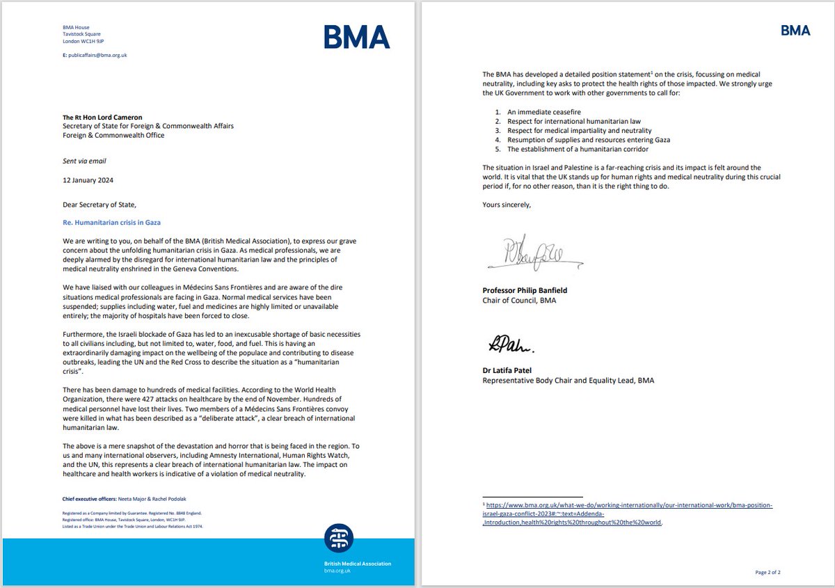 'It is vital that the UK stands up for human rights and medical neutrality during this crucial period if, for no other reason, than it is the right thing to do.' @DrPhilBanfield & @DrLatifaPatel have written to Govt requesting urgent support to the humanitarian crisis in Gaza.