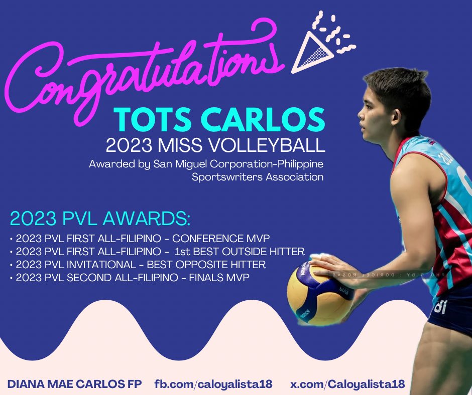 Caloyalista18's tweet photo. 𝗧𝗛𝗘 𝗠𝗜𝗦𝗦 𝗩𝗢𝗟𝗟𝗘𝗬𝗕𝗔𝗟𝗟 𝟮𝟬𝟮𝟯 𝗜𝗦 𝗧𝗢𝗧𝗦 𝗖𝗔𝗥𝗟𝗢𝗦! 🩷

Creamline’s Tots Carlos will be feted as Miss Volleyball in the San Miguel Corporation-PhilippineSportswriters Association Awards Night set on Jan 29 at the Diamond Hotel. (𝘚𝘰𝘶𝘳𝘤𝘦: @fromtheriles) https://t.co/6Enylf1L0G