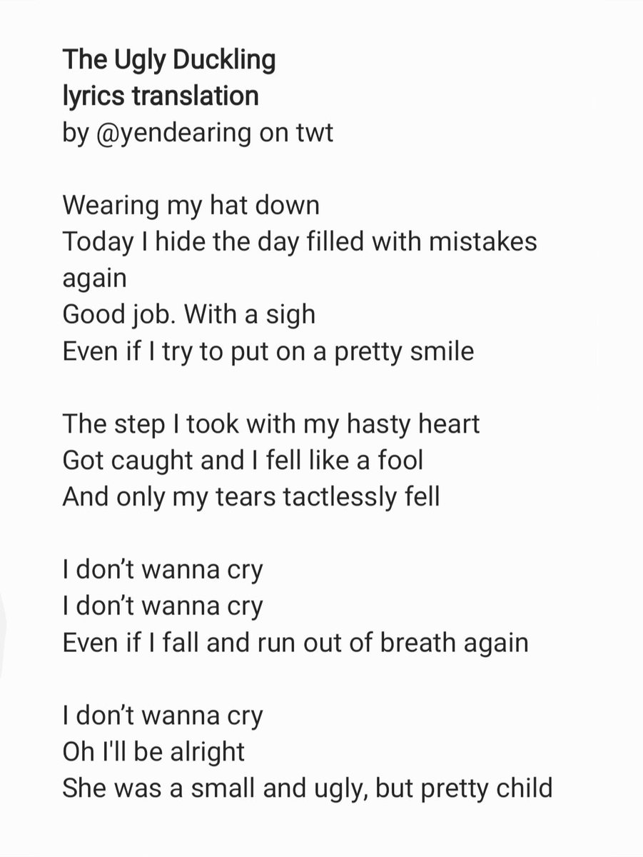 yendearing's tweet photo. The Ugly Duckling
lyrics eng translation

(korean lyrics taken from melon)
#최예나 #YENA @YENA_OFFICIAL https://t.co/6bOgUscZo3