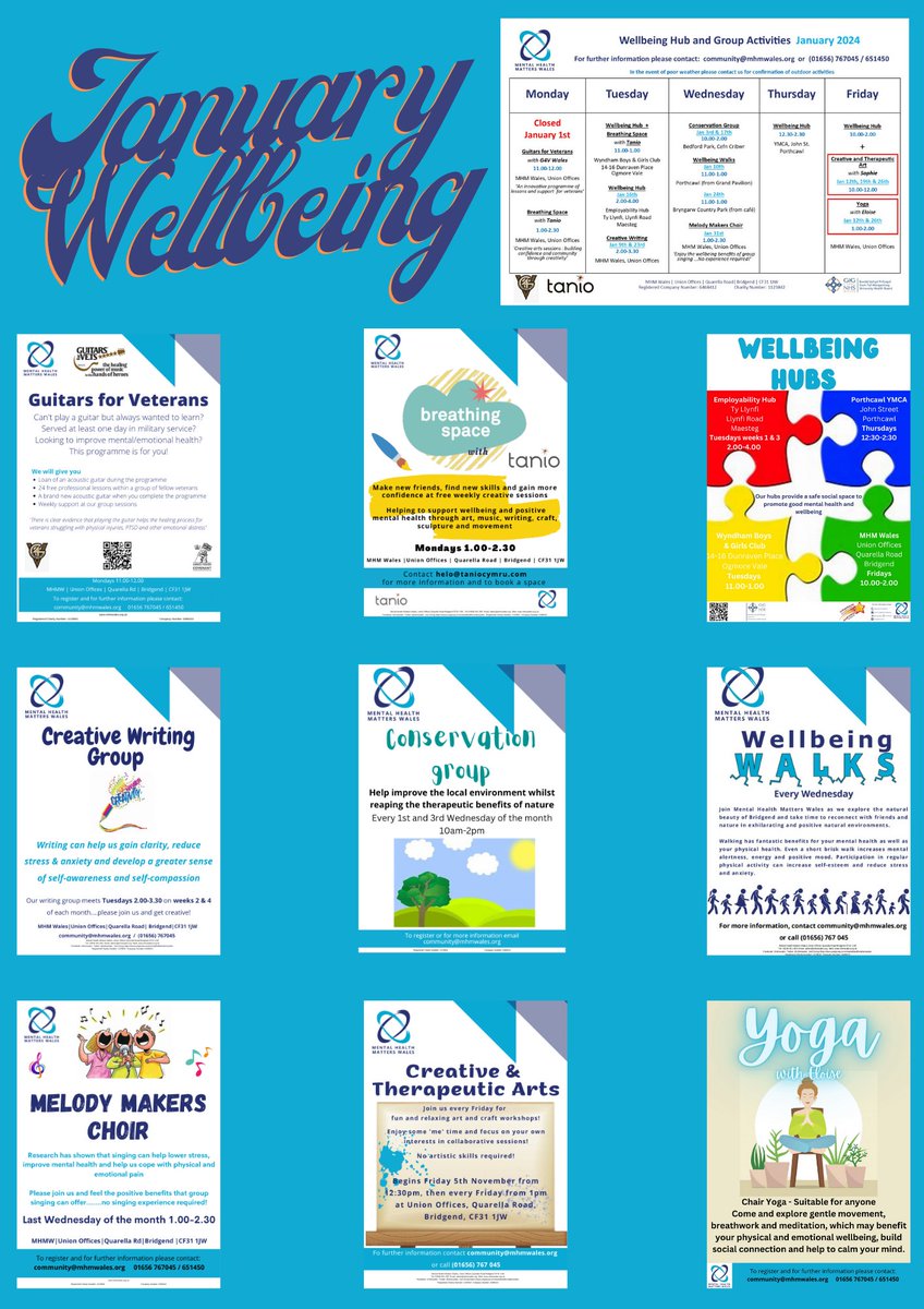 MHMWales's tweet photo. Our #wellbeinggroups run throughout the week &amp; there is something for everyone!Contact the community team by emailing community@mhmwales.org or by calling 01656 651450 for more information or to book your spot- booking is not needed in the hubs; feel free to turn up on the day! https://t.co/LLfUXfauLN