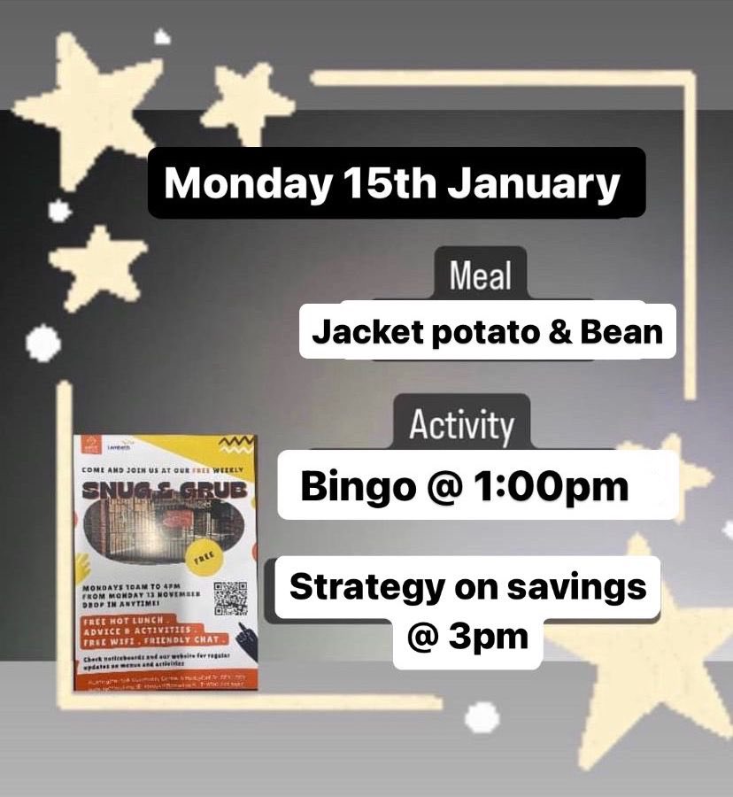 Pop in anytime - all welcome! Free hot lunch and session at 3pm “Strategy on Savings”.