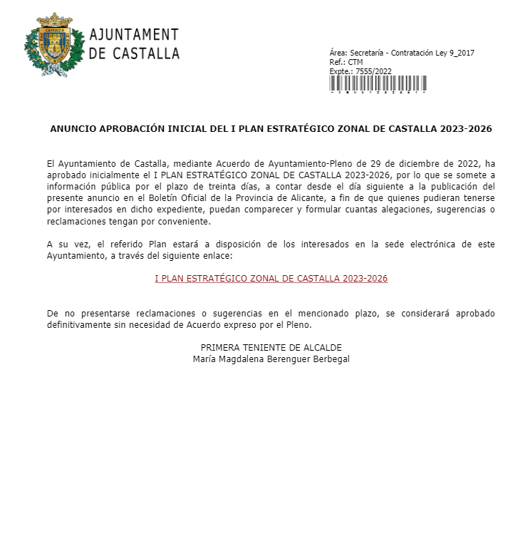 ✅ L'Ajuntament va aprovar el mes passat el primer pla estratègic zonal de #Castalla 2023-2026.

➡️ Podeu consultar-ho en el següent enllaç: carpeta.castalla.org/eAdmin/IrAVali…