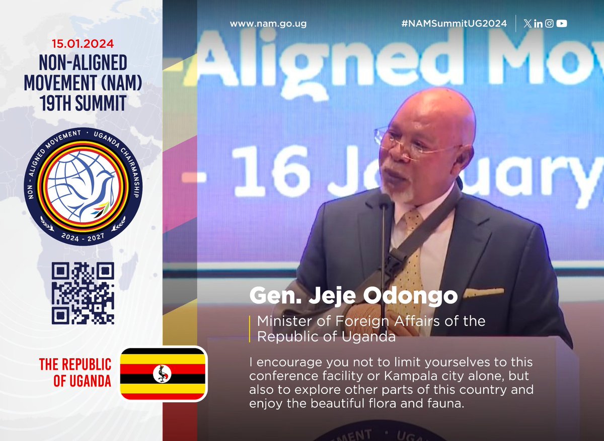 Government of Uganda (@govuganda) on Twitter photo "I encourage you not to limit yourselves to this conference facility or Kampala city alone, but also to explore other parts of this country and enjoy the beautiful flora and fauna".- <a href="/GenJejeOdongo/">General Odongo Jeje</a>
#NAMSummitUg2024 "I encourage you not to limit yourselves to this conference facility or Kampala city alone, but also to explore other parts of this country and enjoy the beautiful flora and fauna".- <a href="/GenJejeOdongo/">General Odongo Jeje</a>
#NAMSummitUg2024