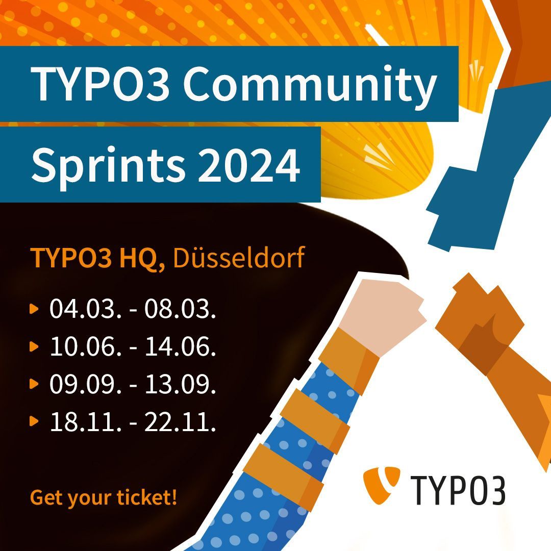 typo3's tweet image. Mark your calendar for 4️⃣ TYPO3 Community Sprints in 2024!
Sign up to drive the #TYPO3 project forward together with many others from the community!
📝 pretix.eu/typo3/
#TYPO3CommunitySprints #OpenSourceCMS