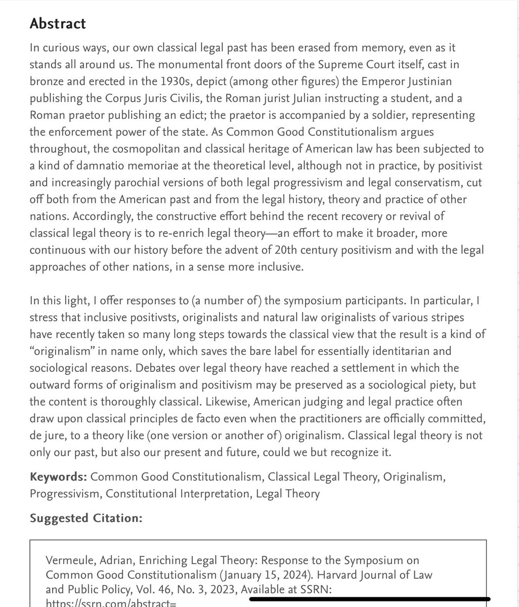 Adrian Vermeule (@vermeullarmine) on Twitter photo A major symposium on Common Good Constitutionalism, held at Harvard Law in the Fall of 2022, is forthcoming <a href="/HarvardJLPP/">Harvard Journal of Law & Public Policy 🇺🇸</a>. My response to the symposium, “Enriching Legal Theory,” is now available here: papers.ssrn.com/sol3/papers.cf…
My thanks to the participants and editors — enjoy! A major symposium on Common Good Constitutionalism, held at Harvard Law in the Fall of 2022, is forthcoming <a href="/HarvardJLPP/">Harvard Journal of Law & Public Policy 🇺🇸</a>. My response to the symposium, “Enriching Legal Theory,” is now available here: papers.ssrn.com/sol3/papers.cf…
My thanks to the participants and editors — enjoy!