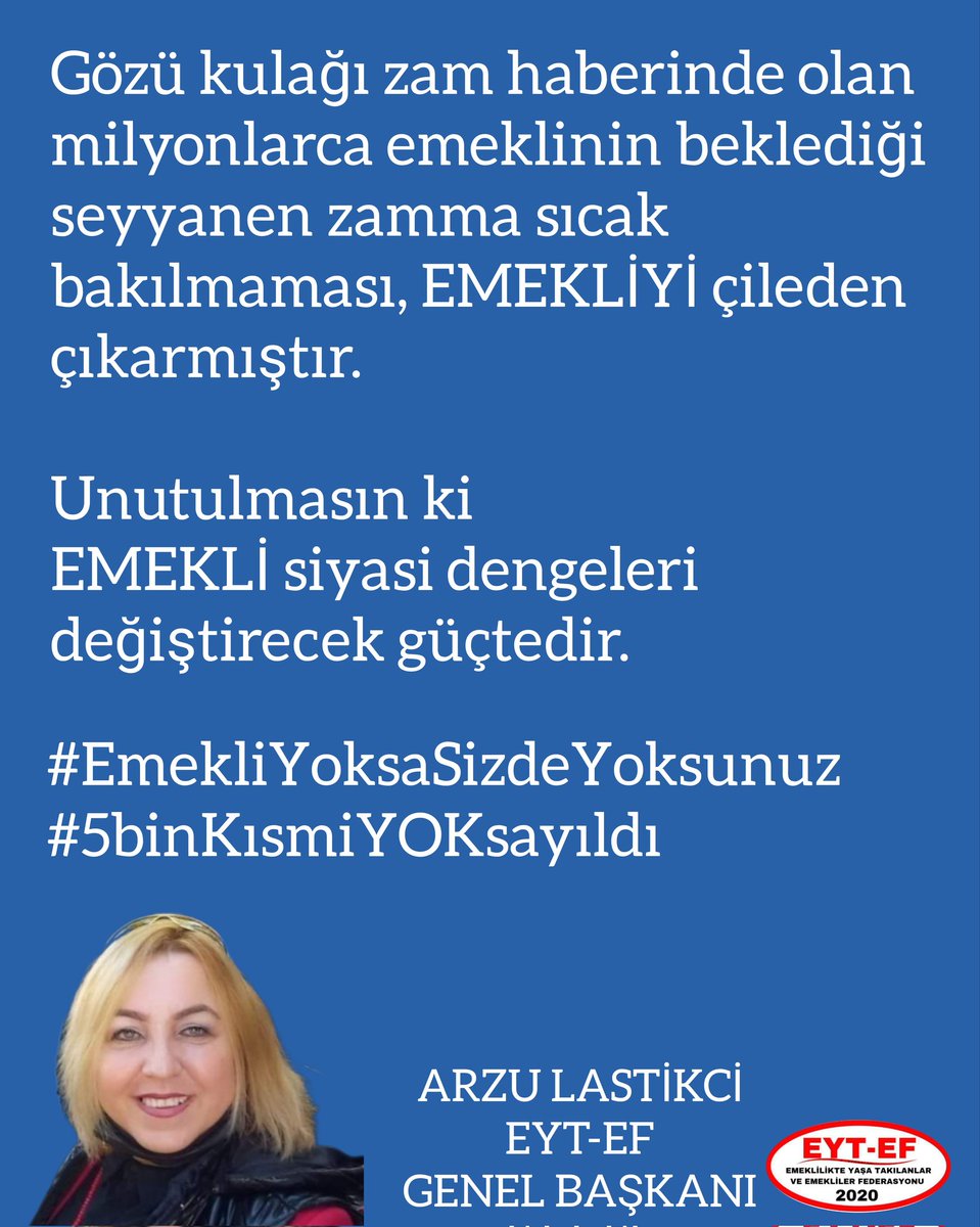 Gözü kulağı zam haberinde olan milyonlarca emeklinin beklediği seyyanen zamma sıcak bakılmaması, EMEKLİYİ çileden çıkarmıştır.

Unutulmasın ki
EMEKLİ siyasi dengeleri değiştirecek güçtedir.
#EmekliYoksaSizdeYoksunuz
#5binKısmiYOKsayıldı
#EmekliyeŞimşekÇarptı
<a href="/isikhanvedat/">Prof. Dr. Vedat Işıkhan</a>