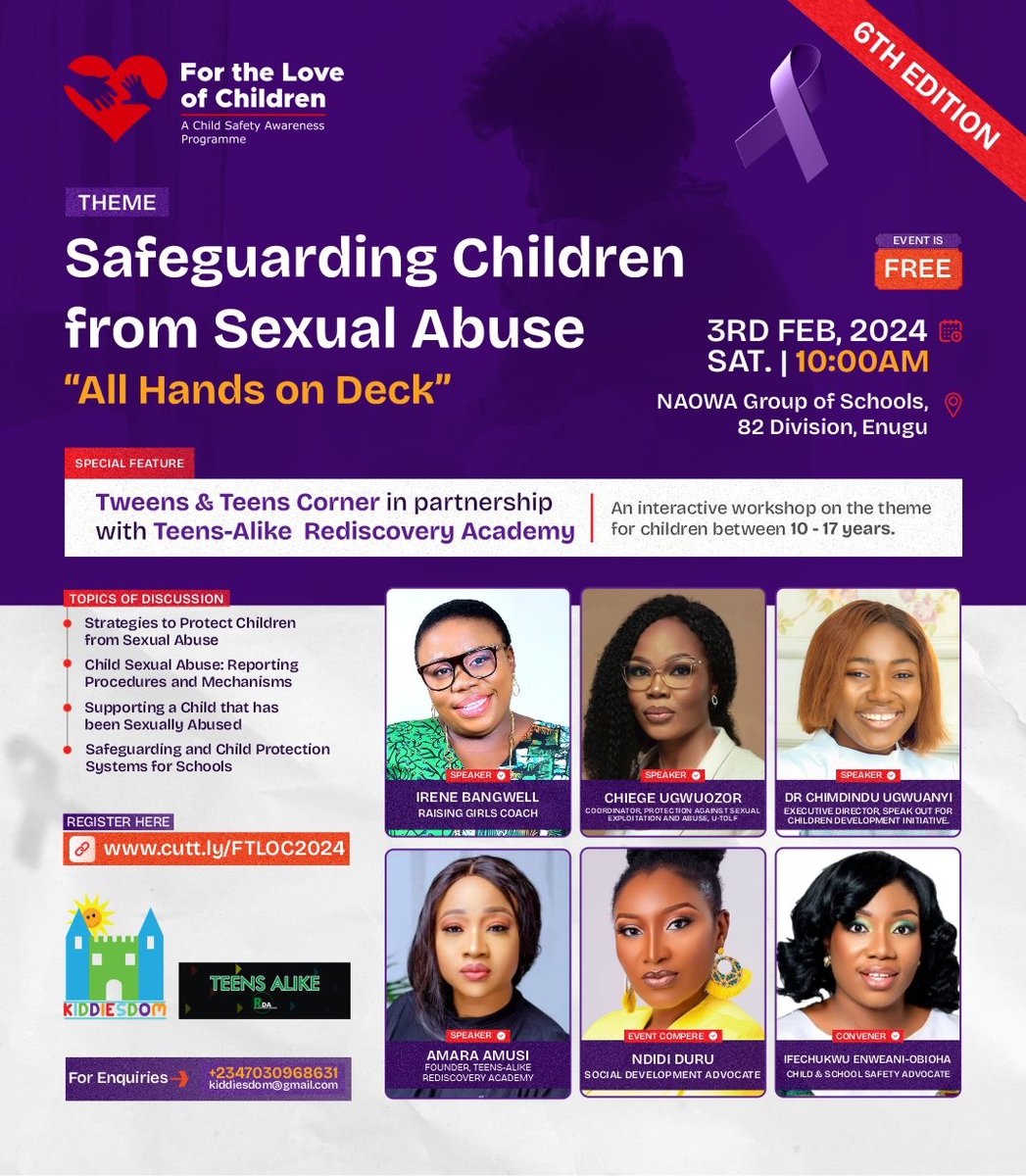 For the Love of Children is a child safety awareness programme aimed at educating parents and child-care providers on contemporary child safety issues.

The 6th edition is here with theme, "Safeguarding Children from Sexual Abuse"

According to UNICEF, one in four girls and