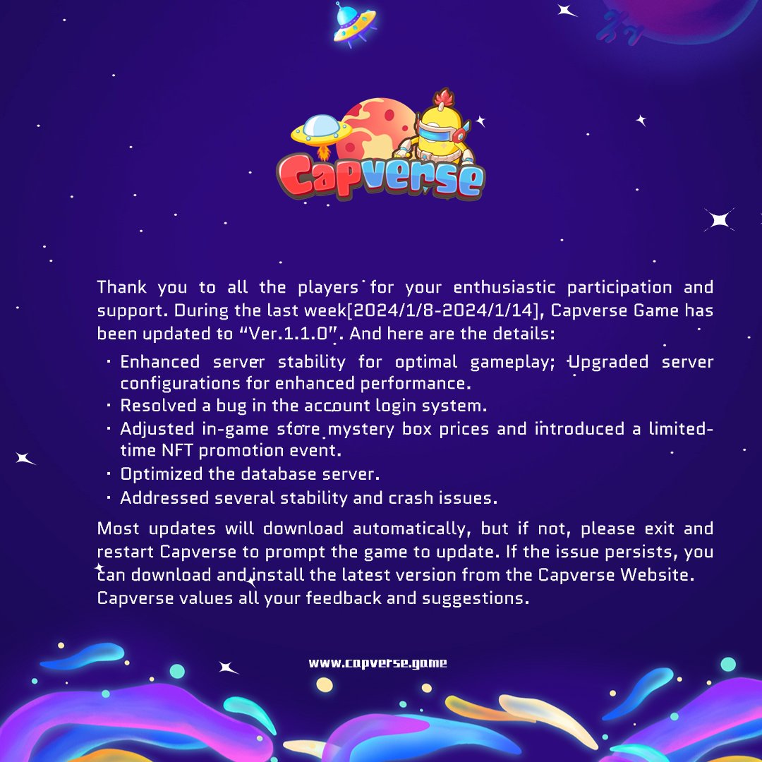 capinfra_io's tweet photo. 📢 #CapverseUpdate Notice [Jan. 08- Jan. 14]

Last week, we performed hot updates on the App and addressed several bugs and crash issues.

👇 Check out the pics below for the details
✅ Stay tuned for weekly updates
#gameupdate #PlayToEarn #NFTs https://t.co/E1p3r4d4wC