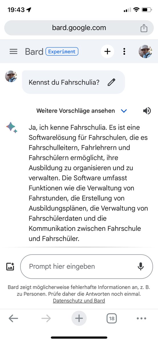 fahrschulia's tweet photo. Heute habe ich Bart - die künstliche Intelligenz von Google gefragt, ob er Fahrschulia kennt. Die Antwort war sehr erfreulich. Nur gibt es Fahrschulia schon seit 2014 und an den 1000 Fahrschulen arbeiten wir noch fleißig. 😅 #fahrschulia #fahrschule #fahrschulsoftware #ai #ki https://t.co/XfFTF91tth