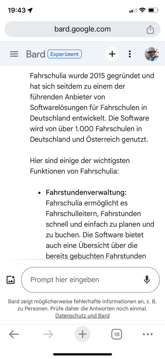 fahrschulia's tweet photo. Heute habe ich Bart - die künstliche Intelligenz von Google gefragt, ob er Fahrschulia kennt. Die Antwort war sehr erfreulich. Nur gibt es Fahrschulia schon seit 2014 und an den 1000 Fahrschulen arbeiten wir noch fleißig. 😅 #fahrschulia #fahrschule #fahrschulsoftware #ai #ki https://t.co/XfFTF91tth