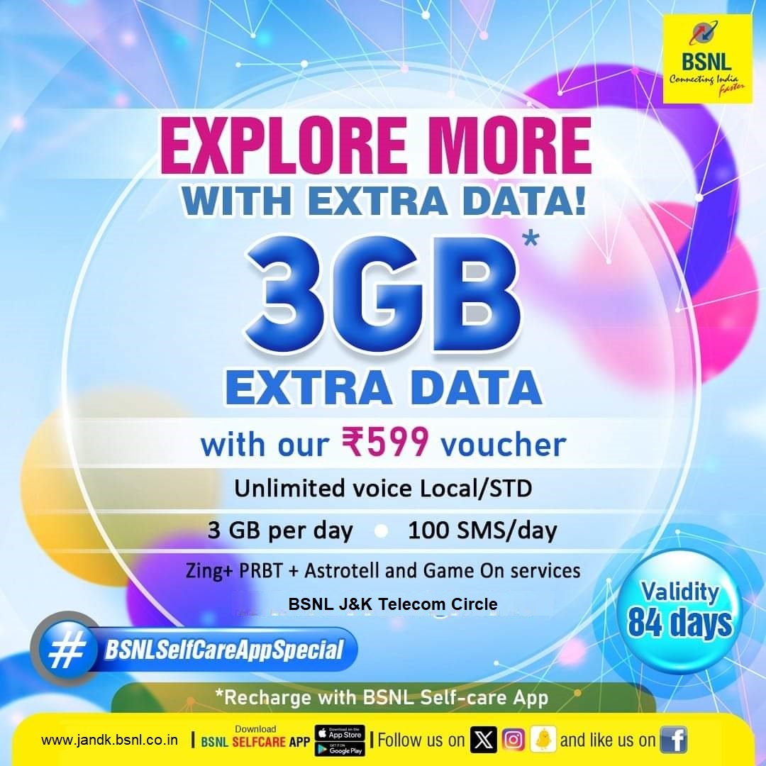 Explore more with extra data #Unlimitedvoice Local/STD #599voucher #BSNL #selfcareApp.