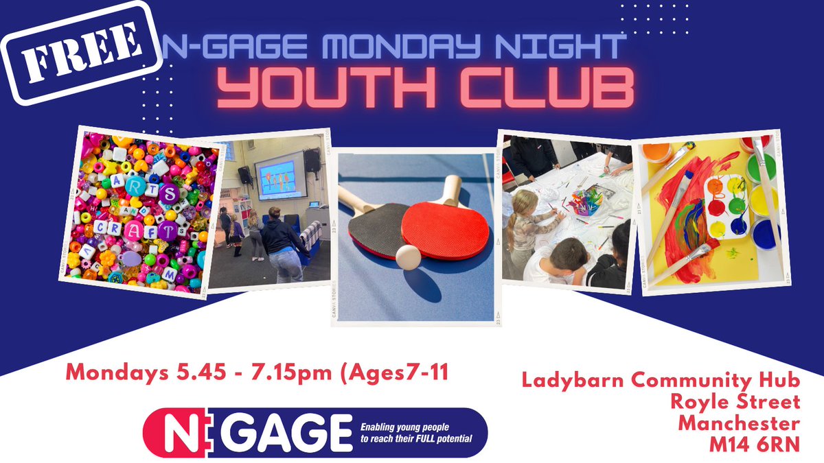 Our Free  Youth Club continues to run on a Monday evening from 5.45-7.15pm for ages 7-11.

<a href="/HubLadybarn/">Ladybarn Community Hub</a>  

#Youthclub
#artsandcraftsforkids
#FunAndGames