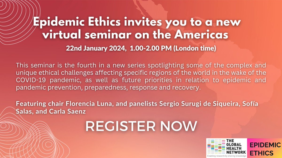 Epidemics Ethics (@epidemicsethics) on Twitter photo ** NEW WEBINAR ALERT **
Join us on 22nd Jan at 1.00 PM (London time) for a new webinar on the ethical response to COVID-19 in the Americas, including the LAC region. bit.ly/3S1Xjy4
<a href="/info_TGHN/">The Global Health Network</a> <a href="/Ethox_Centre/">Ethox Centre</a> <a href="/TropMedOxford/">Tropical Medicine Oxford</a> <a href="/Oxford_NDPH/">Oxford Population Health (OxPop)</a> <a href="/sssurugi/">Sergio Surugi de Siqueira</a> <a href="/DraSofiaSalas/">Sofia Salas</a> <a href="/pahowho/">PAHO/WHO</a> ** NEW WEBINAR ALERT **
Join us on 22nd Jan at 1.00 PM (London time) for a new webinar on the ethical response to COVID-19 in the Americas, including the LAC region. bit.ly/3S1Xjy4
<a href="/info_TGHN/">The Global Health Network</a> <a href="/Ethox_Centre/">Ethox Centre</a> <a href="/TropMedOxford/">Tropical Medicine Oxford</a> <a href="/Oxford_NDPH/">Oxford Population Health (OxPop)</a> <a href="/sssurugi/">Sergio Surugi de Siqueira</a> <a href="/DraSofiaSalas/">Sofia Salas</a> <a href="/pahowho/">PAHO/WHO</a>