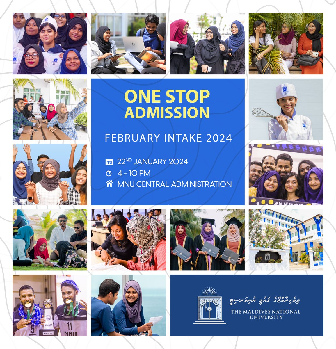 Join our "One Stop Admission" event to enroll for our upcoming intake. Career guidance, free attestation &amp; on-spot admission for eligible applicants will be provided at the event.
Visit MNU Central Administration (Rahdhebai Hingun) on January 22nd, Monday between 4:00PM - 10:PM.