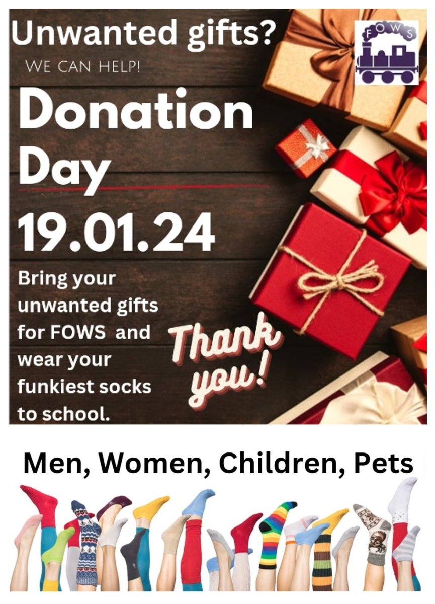 OWPSfows's tweet photo. Donation Day this Friday.

Please bring us unwanted and unopened gifts and wear crazy socks. https://t.co/sDsqsHHum4