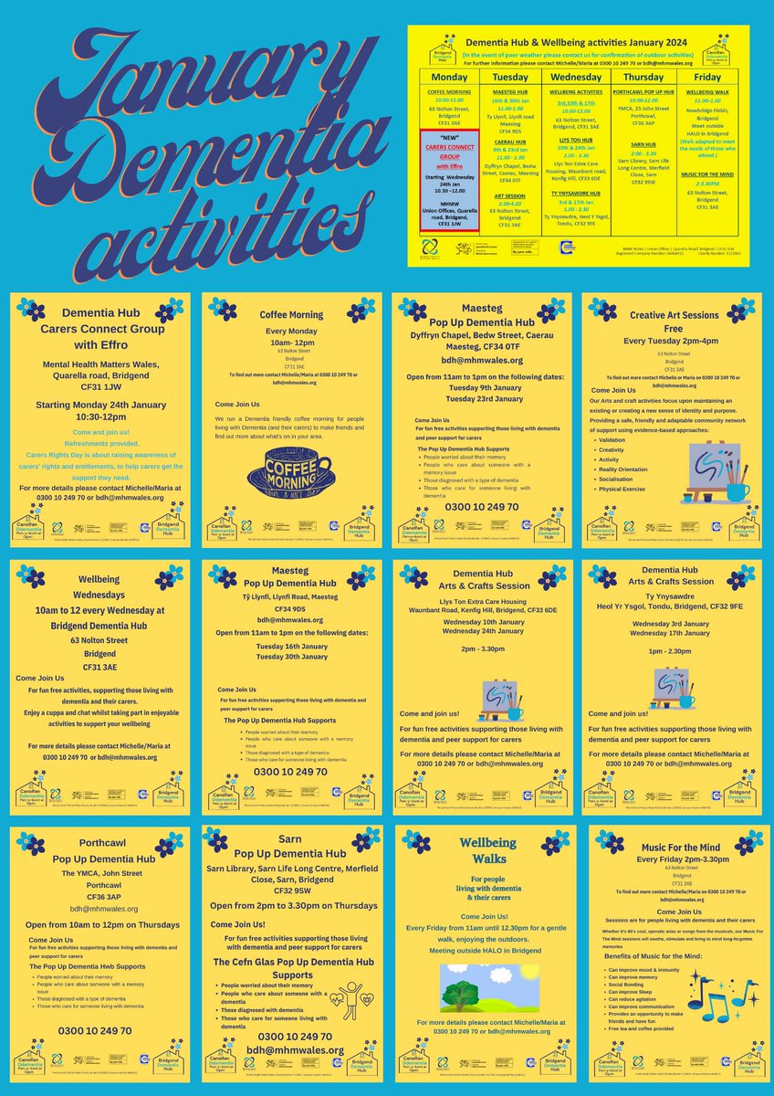 Our Dementia Hub runs sessions throughout the county and can be accessed by people with a memory problem and those that care for them. Please see the schedule below for details and contact Michelle or Maria for further information.

#dementia 
#dementiaservices
#dementiafriends