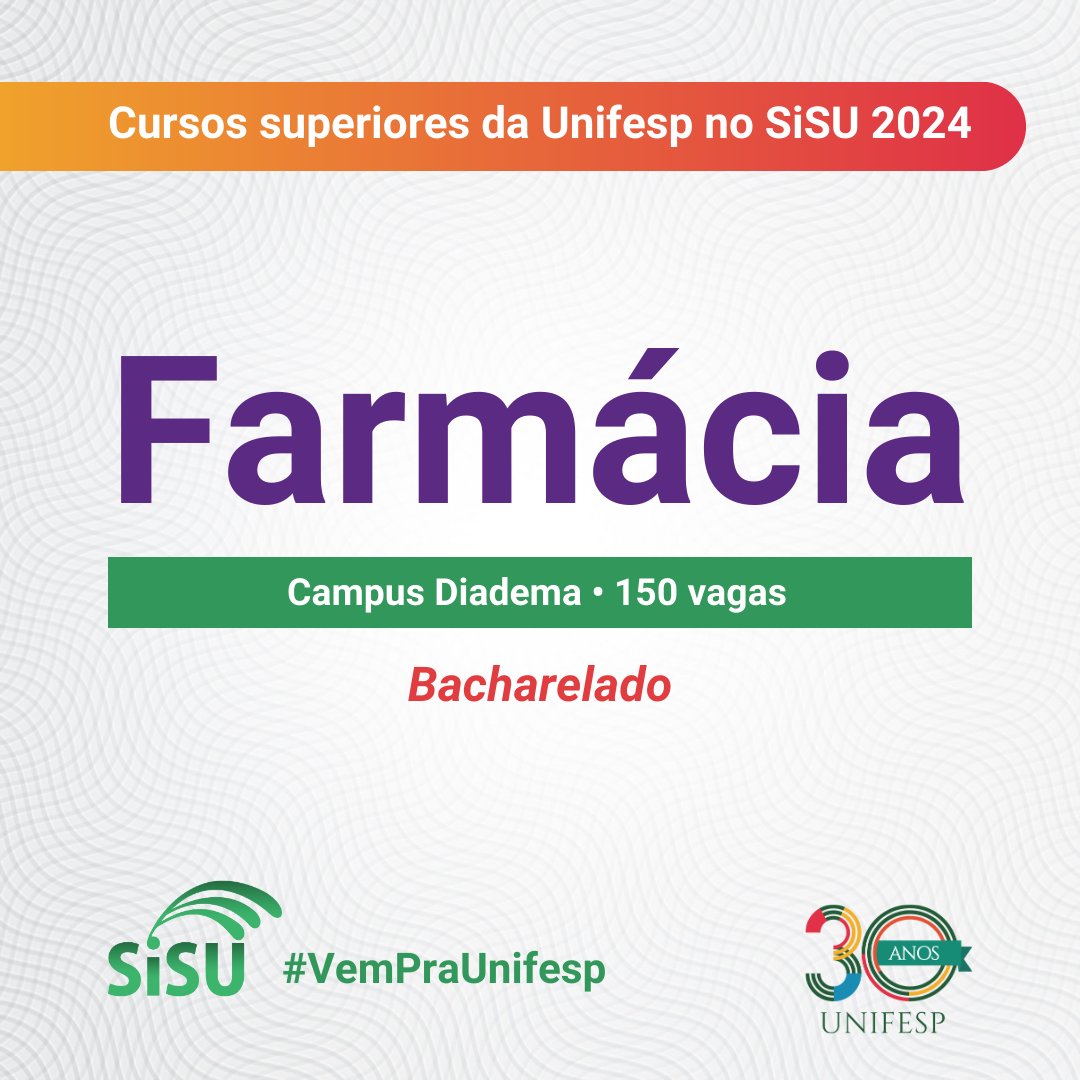 unifesp's tweet photo. 💊O curso de graduação em #Farmácia da #Unifesp forma profissionais capazes de exercer atividades referentes aos fármacos e aos medicamentos, às análises clínicas e toxicológicas e aos alimentos. Não perca o período de inscrição e #VemPraUnifesp: https://t.co/P3jmnyESZH. #sisu https://t.co/rECPk7Ysqc