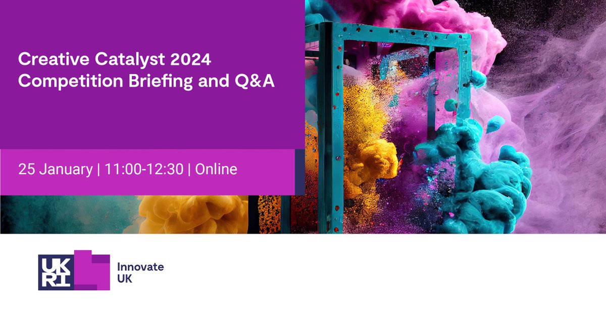 🥁Competition Announcement🥁Join us to learn about the next round of the Creative Catalyst 2024 competition, <a href="/innovateuk/">Innovate UK</a> £10 million funding to support #innovation in a wide range of #creative industries, including the timelines, eligibility &amp; how to apply tinyurl.com/274vmwch