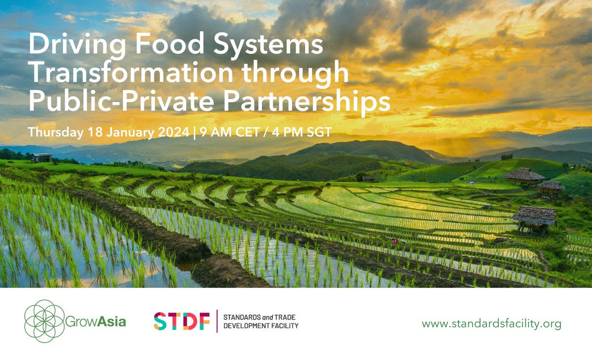 📢 Join the online dialogue with the #STDF Public-Private Partnerships (PPPs) Practitioner Group to learn about how #GrowAsia uses PPPs to drive food systems transformation.
📅 Thursday 18 January 2024
🕘 Time: 9.00 Geneva time
Register: bit.ly/47QHkZH
#WTOsps