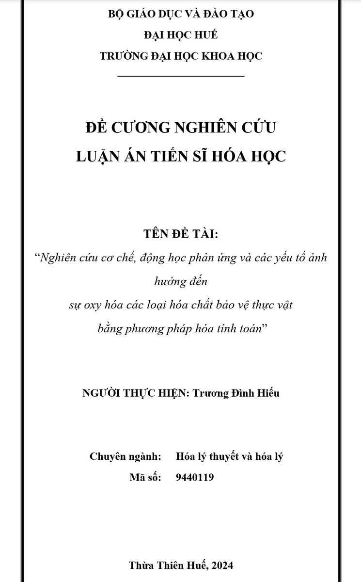 Our first PhD student has submitted the poposal of his PhD project (Mechanism, kinetics and influencing factors of the pesticides decomposition using computational approaches). Hope he can start soon in Feb 2024. @DinhHieu_Chem @duyquang_dao