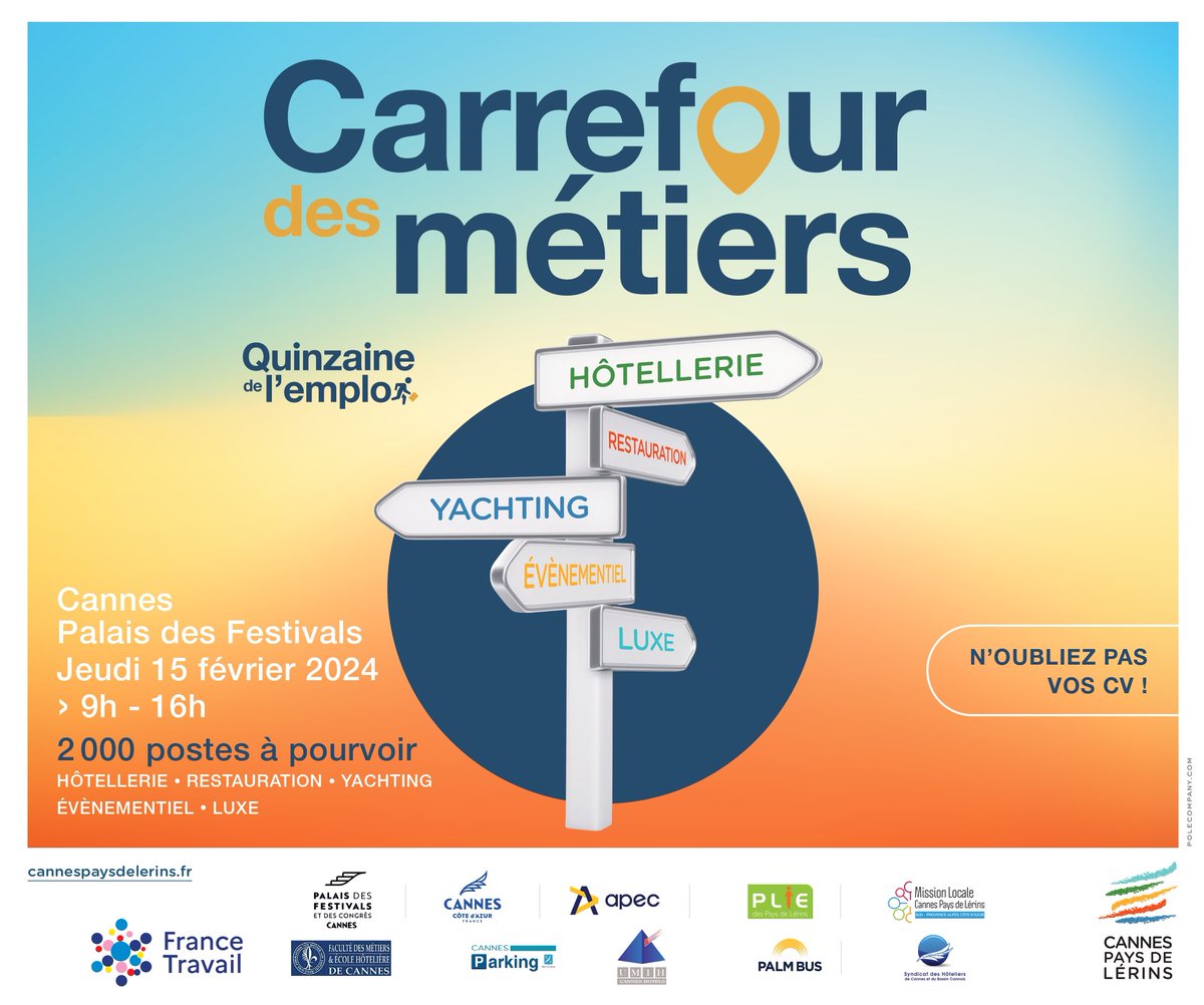 ⏳ J-30 avant le Carrefour des Métiers au @CannesPalais !! Comme chaque année, plus de 2000 postes seront à pourvoir dans les secteurs de l'hôtellerie-restauration, yachting, évènementiel et luxe. N'oubliez pas vos CV ‼️ #QuinzaineDelEmploi24
