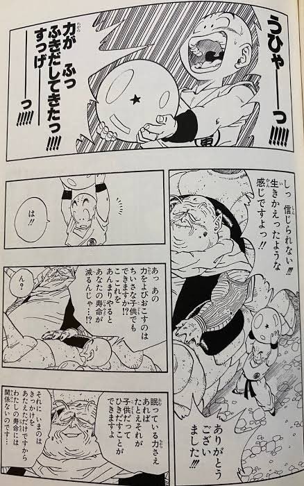 クリリンと最長老 クリリンは最長老の潜在能力解放で 戦闘力1900→13000 そして戦闘力