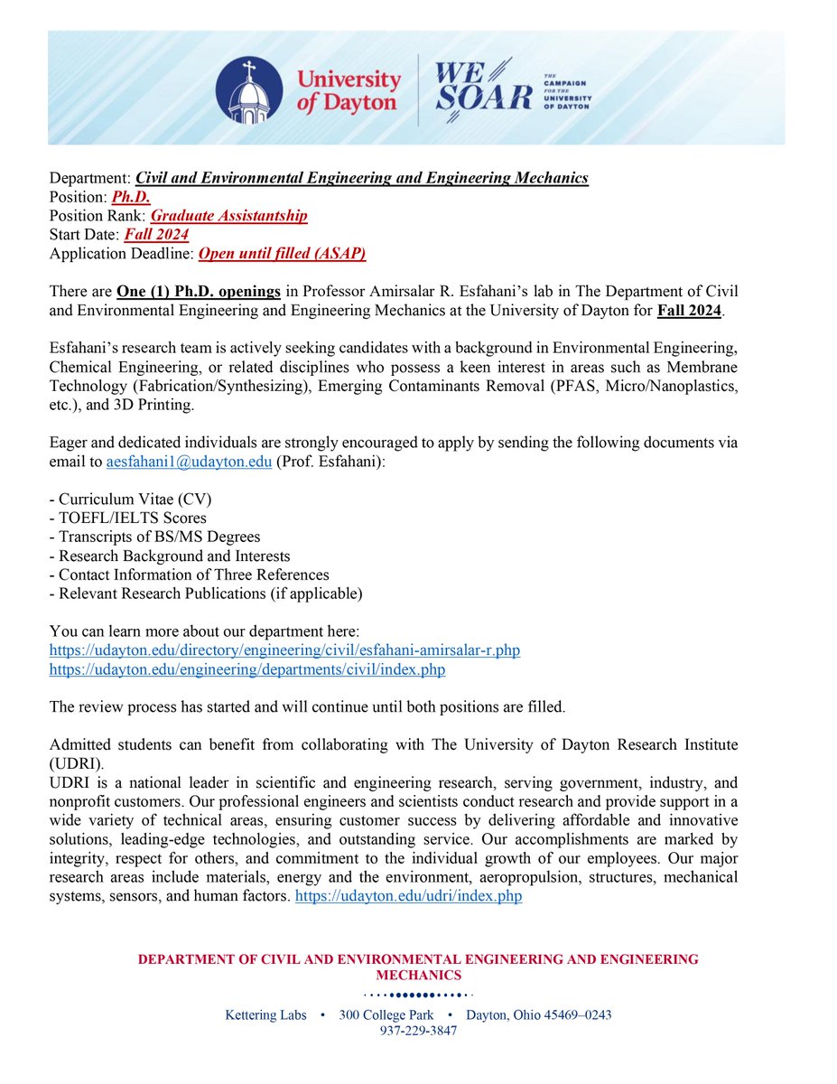 mda524360's tweet image. Ph.D. Positions in Professor Amirsalar R. Esfahani’s lab in The Department of Civil and Environmental Engineering and Engineering Mechanics at the University of Dayton for Fall 2024. Esfahani’s research team is actively seeking candidates with a background in