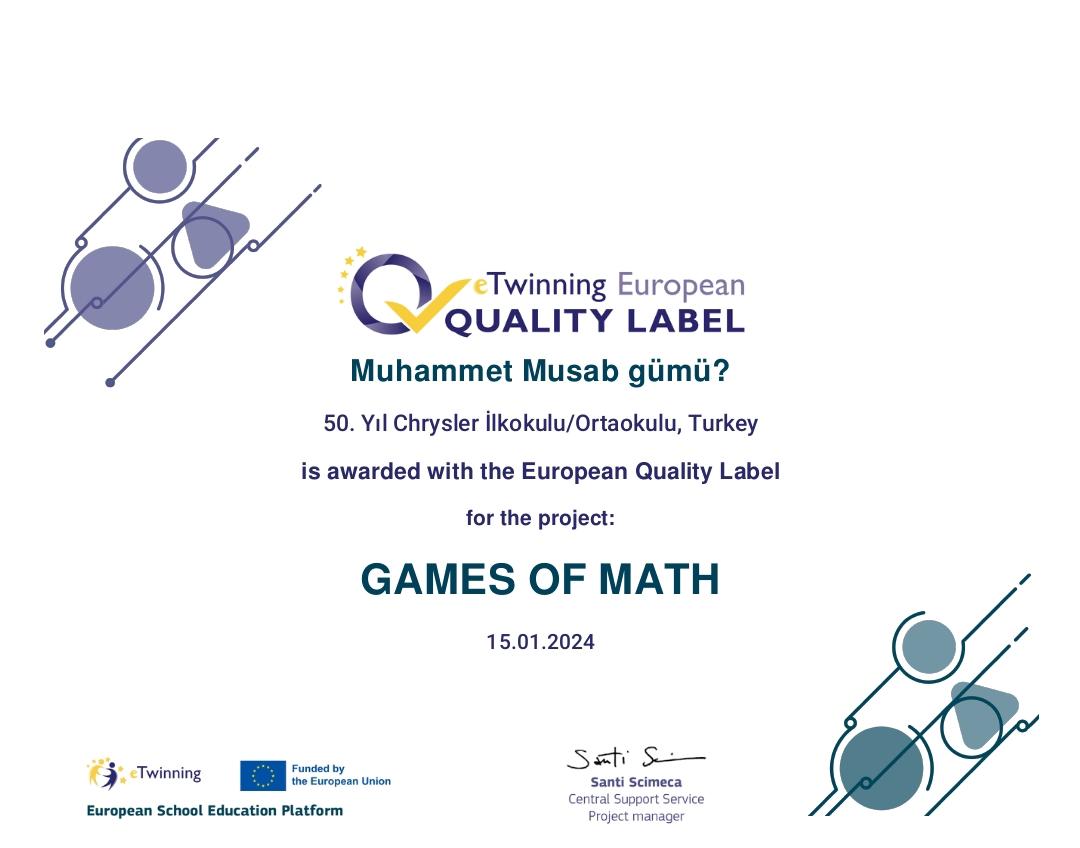 Games Of Math adlı Projemiz Avrupa kalite etiketi almaya hak kazandı. Emeği geçen herkese teşekkürler
<a href="/50Chrysler/">50.Yıl Chrysler İlkokulu</a> 
<a href="/daricamem/">Darıca Milli Eğitim Müdürlüğü</a> 
<a href="/EgitimKep/">Kocaeli Eğitim Platformu (KEP)</a> 
<a href="/memkocaeli/">Kocaeli Millî Eğitim Müdürlüğü</a> 
<a href="/kocaeli_e/">eTwinningKocaeli</a> 
<a href="/tretwinning/">eTwinning Türkiye</a>