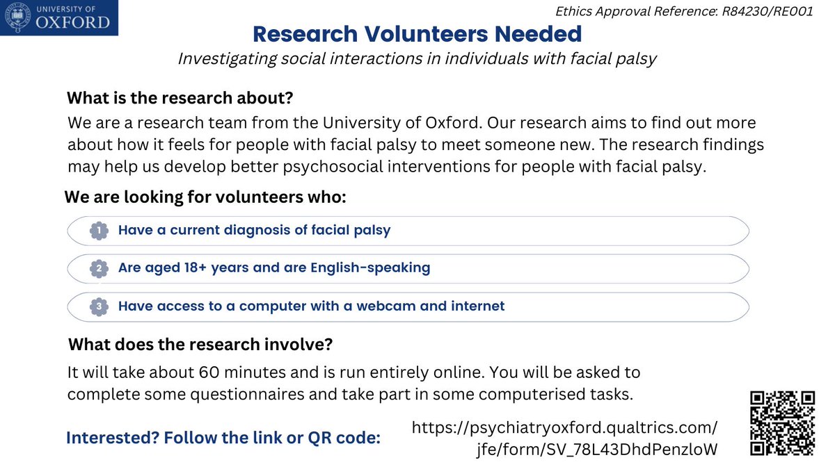 Can you help? The University of Oxford are currently investigating social interactions in individuals with facial palsy and are looking for volunteers to take part in online research.