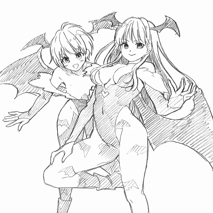 #rkgk 
#鉛筆画 
#ヴァンパイアセイバー  

おはようございます(°▽°)
昨晩は、モリガンリベンジ+リリスで練習しました。

なかなか下からの構図に描けませんが、昨日より可愛い絵になったと思いたい(°▽°) 
