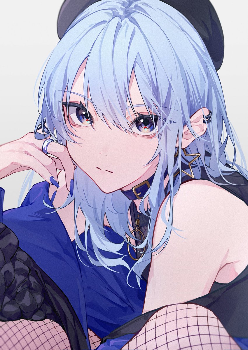 hoshimachi suisei 1girl solo blue hair jewelry hat fishnets blue eyes  illustration images