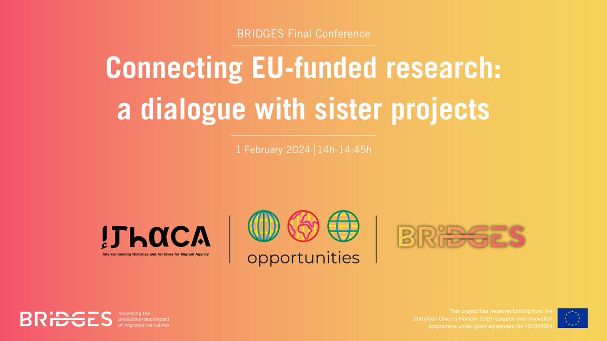 Over the past 3 years, #BRIDGES has connected with many other initiatives in the same field.

Roy Sommer (OPPORTUNITIES) and <a href="/MatteoAlKalak/">Matteo Al Kalak</a> (<a href="/IthacaHorizon/">IthacaHorizon</a>) will participate in this dialogue with BRIDGES sister projects, moderated by Ferruccio Pastore

👉🏾 bit.ly/BRIDGESFinalCo…