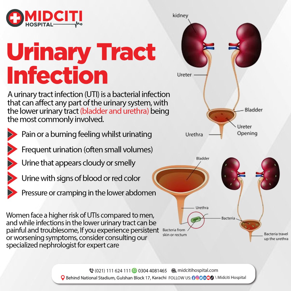 Midcitihosp's tweet photo. Urinary Tract Infections (UTIs). Let's break the silence, spread awareness, and encourage open conversations about UTI prevention and care.
Call us: (021) 111 624 111
WhatsApp: +92 304 4081465

#midcitihospital #midcitihospitalservices #UTIAwareness #UrinaryHealth https://t.co/3rIqCAJkSo