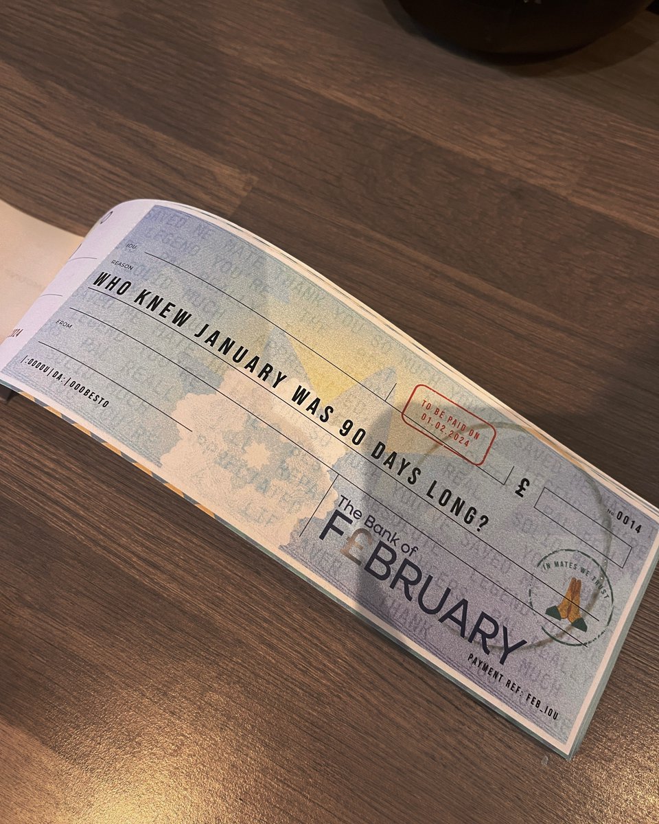 riverandflora's tweet photo. Facing a January cash crunch? Meet the Bank of February cheque books! Your golden ticket to charm friends into helping you out, with pre-printed reasons explaining your money woes. Boxing Day sales knocked you out? We've got you sorted. Grab yours today! https://t.co/fpPaF59ieL