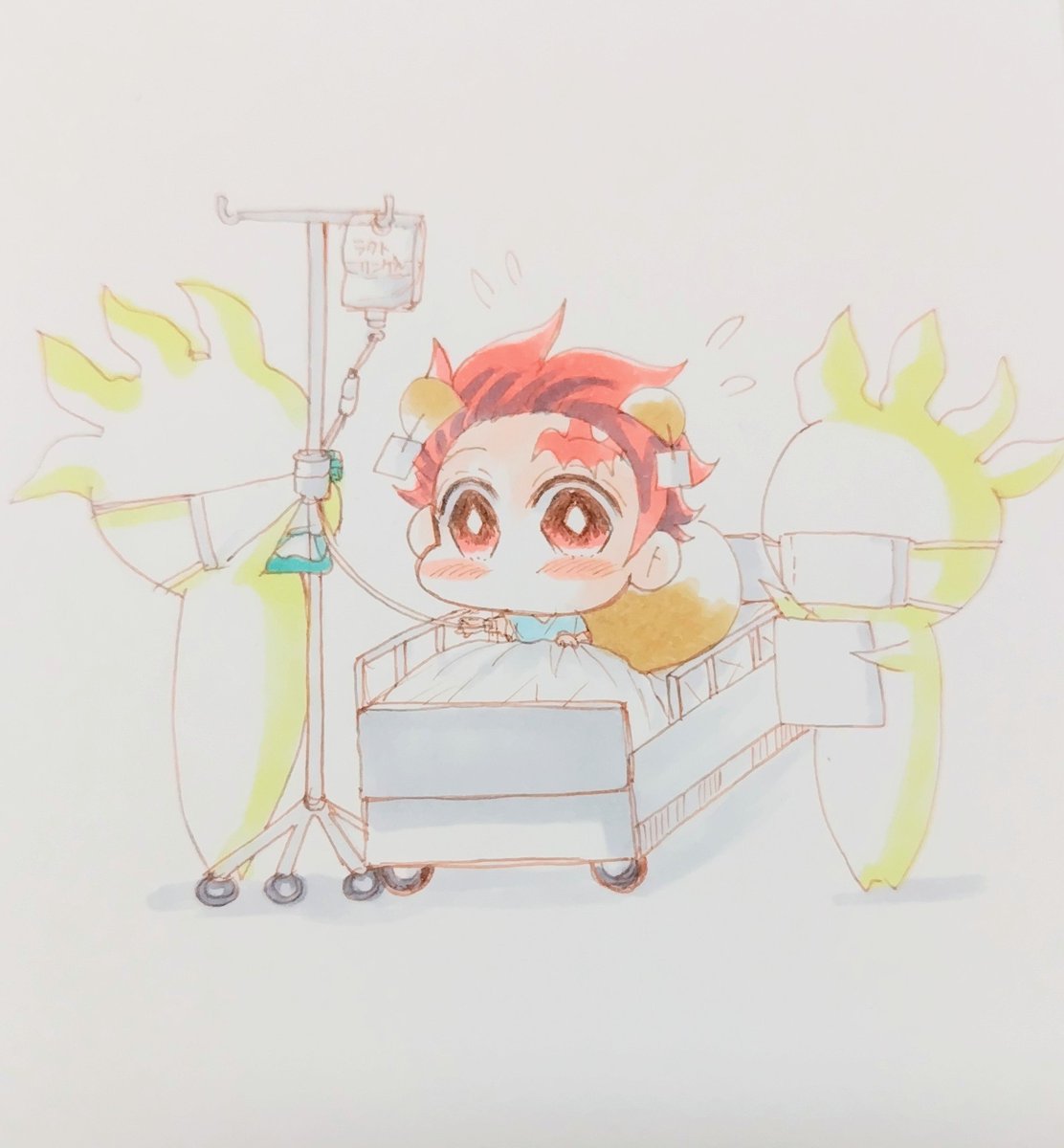 kamado tanjirou intravenous drip male focus hospital gown animal ears scar tail kemonomimi mode  illustration images