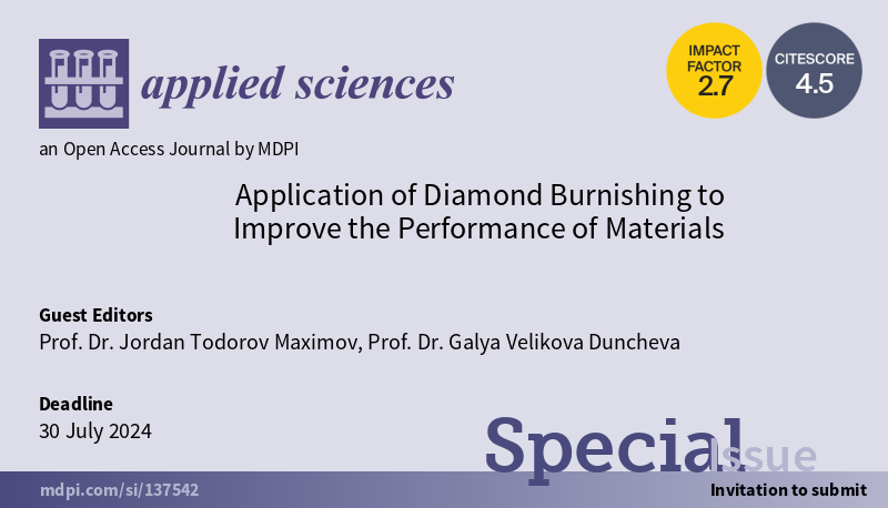 Dragana_MDPI's tweet photo. #SpecialIssue: Application of #Diamond #Burnishing to Improve the Performance of #Materials

🗓️Submission Deadline: 20 April 2024 
📷Guest Editors: Prof. Dr. Jordan Todorov Maximov, Prof. Dr. Galya Velikova Duncheva
🔗https://t.co/l8SpmLTb4E

#wear #fatigue #resistance @Applsci https://t.co/F2MD91YE5l