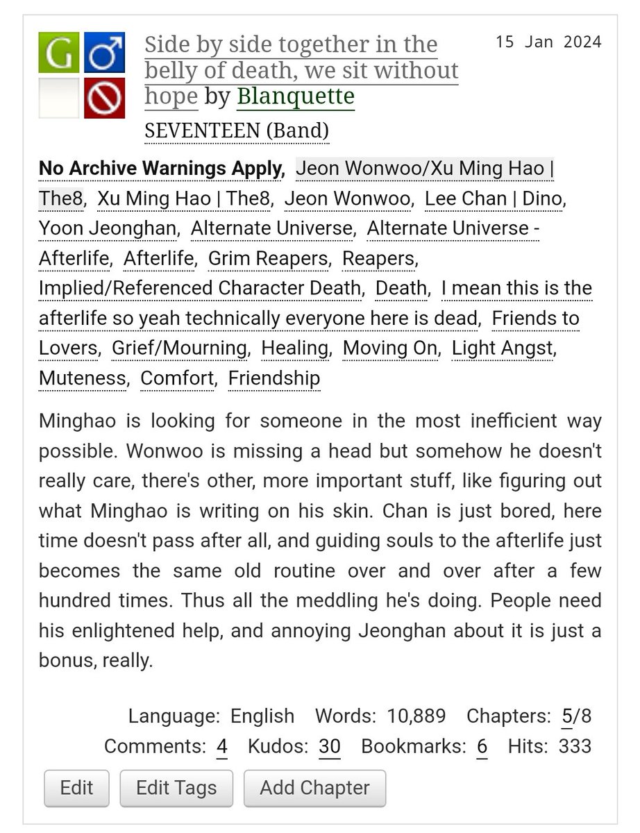 BlanquetteAO3's tweet photo. ALSO I have updated my seventeen reaper AU because I am on a roll (and final fantasy 14 servers are down for maintenance)

https://t.co/Sd597teZCr https://t.co/jBqEcFEd0S