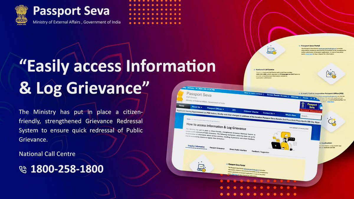 Do you have any passport related grievance or feedback to share? @passportsevamea has put in place a citizen-friendly Grievance Redressal System. Refer link bit.ly/48RcdxH to access info on Passport services, how to log/track grievance and register your feedback.