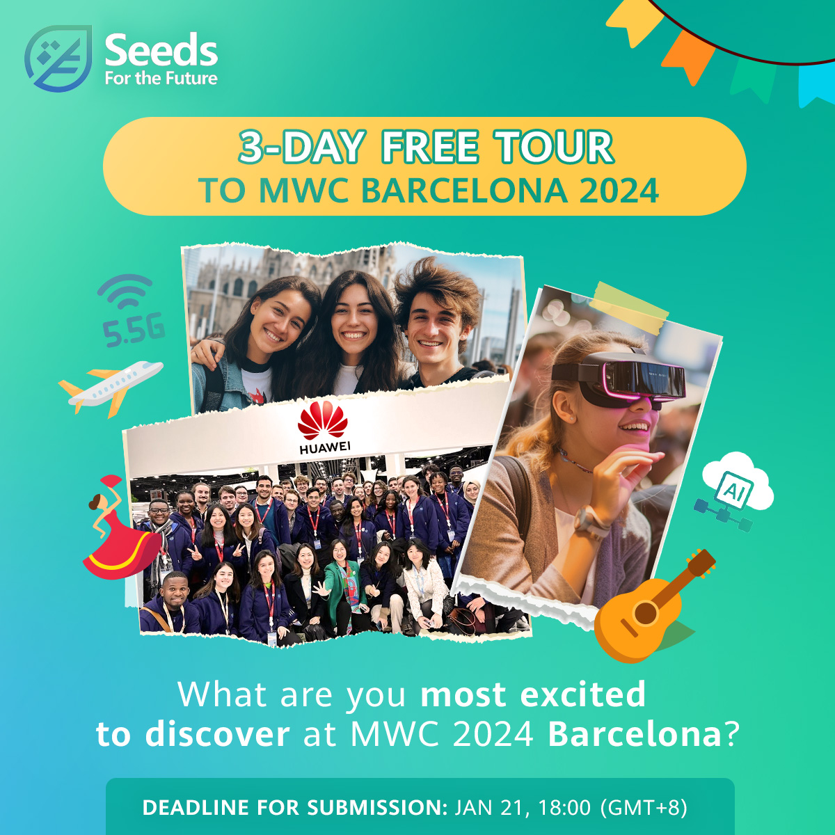 Huawei's tweet photo. WIN a 3-day FREE TOUR to #MWC24 Barcelona! To enter, share this announcement post, including your answer to the question on the poster! Don’t forget to tag @Huawei &amp; #SeedsTourMWC24 (T&amp;C apply: https://t.co/xIDBNYLUmX)! Learn more: https://t.co/a2h5wF6rsB https://t.co/j0XfkJIHve