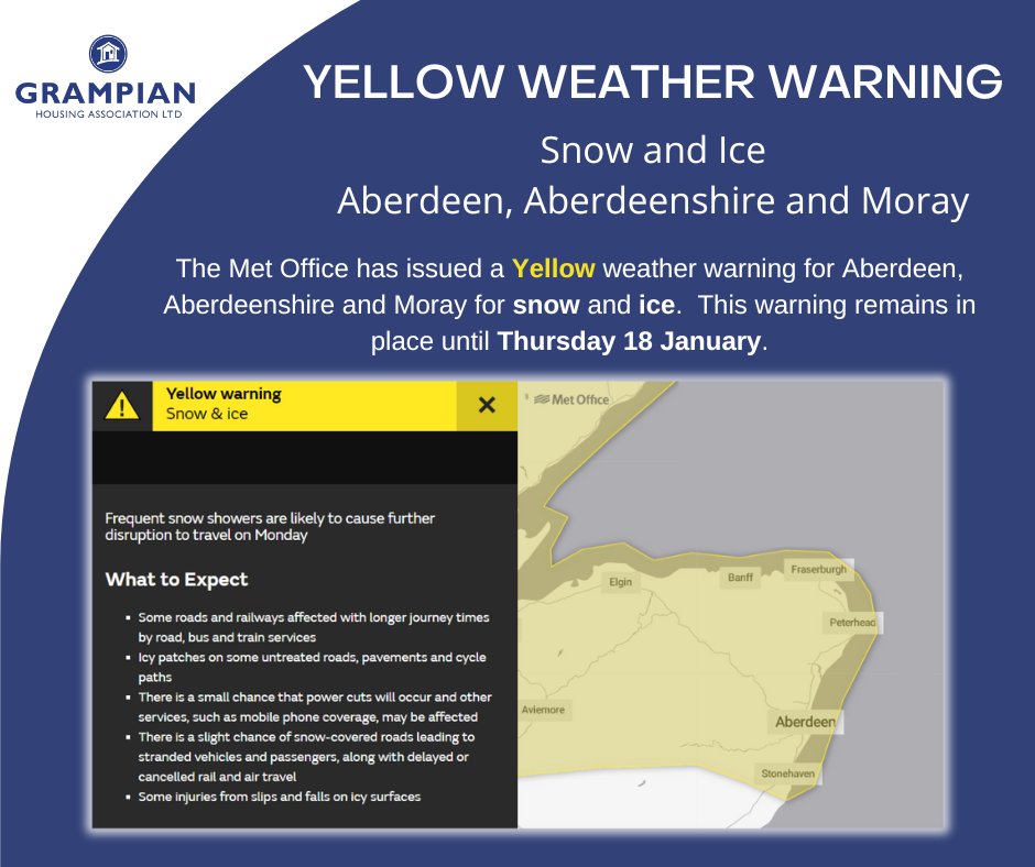 ❗ YELLOW WEATHER WARNING

The @metoffice has issued a Yellow weather warning for snow and ice in Aberdeen, Aberdeenshire and Moray.

#GrampianHA #TenantInfo #WeatherWarning #StaySafe