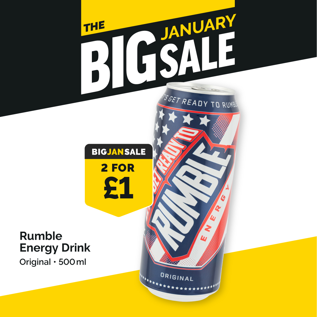 Poundstretcher1's tweet photo. Rumble into the weekend by grabbing 2 cans of Rumble energy drink for just 1 pound! Because conquering Monday to Friday deserves a BOGO victory lap! 🚀💥 #RumbleTime #TwoForOnePound  #EnergyDrink https://t.co/0nFnMLVRRm
