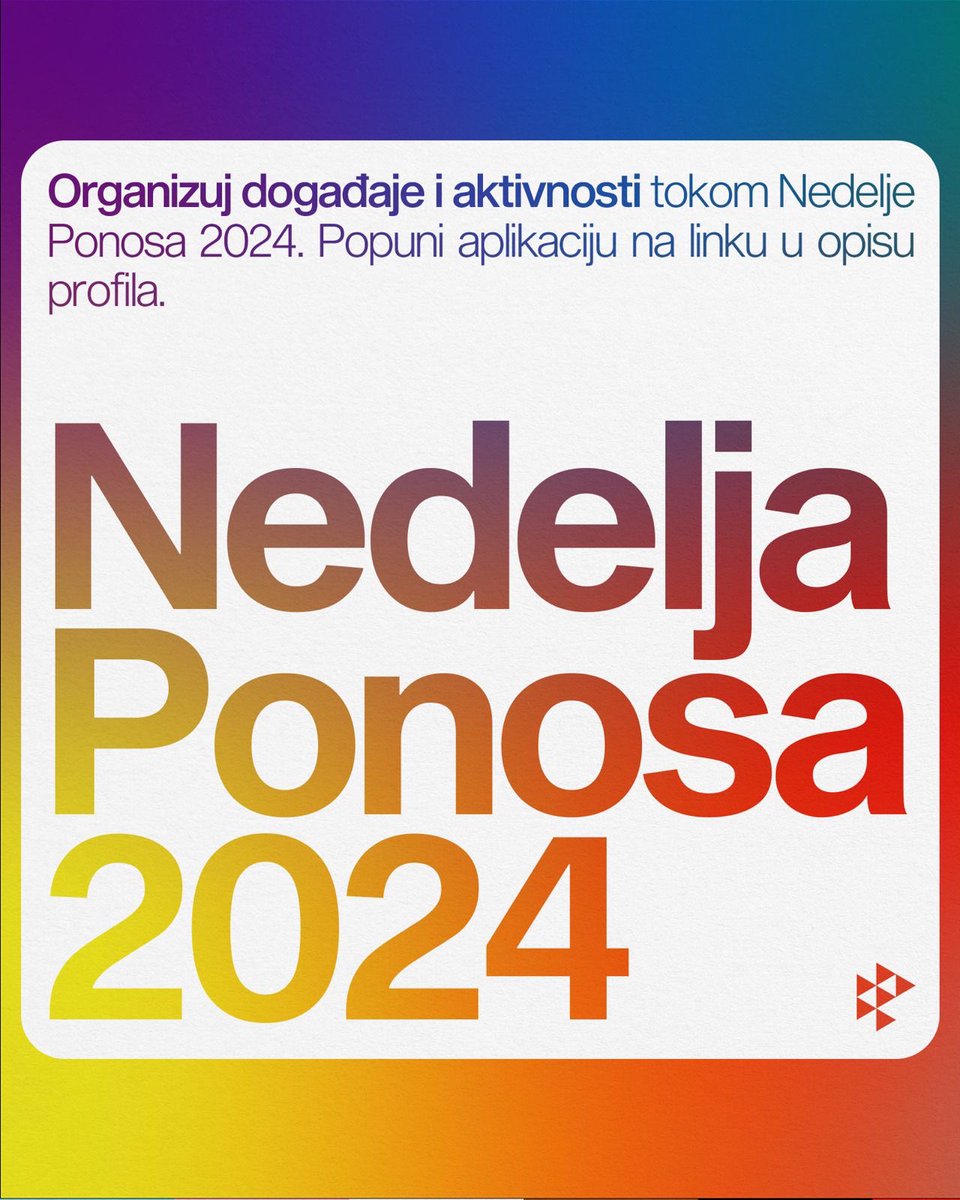 Organizuj svoj događaj/aktivnosti tokom Nedelje ponosa popunjavanjem ovog formulara: forms.gle/8Uwid4YaB2Mw6K… 

Rok za prijavu je 20. februar! 🌈