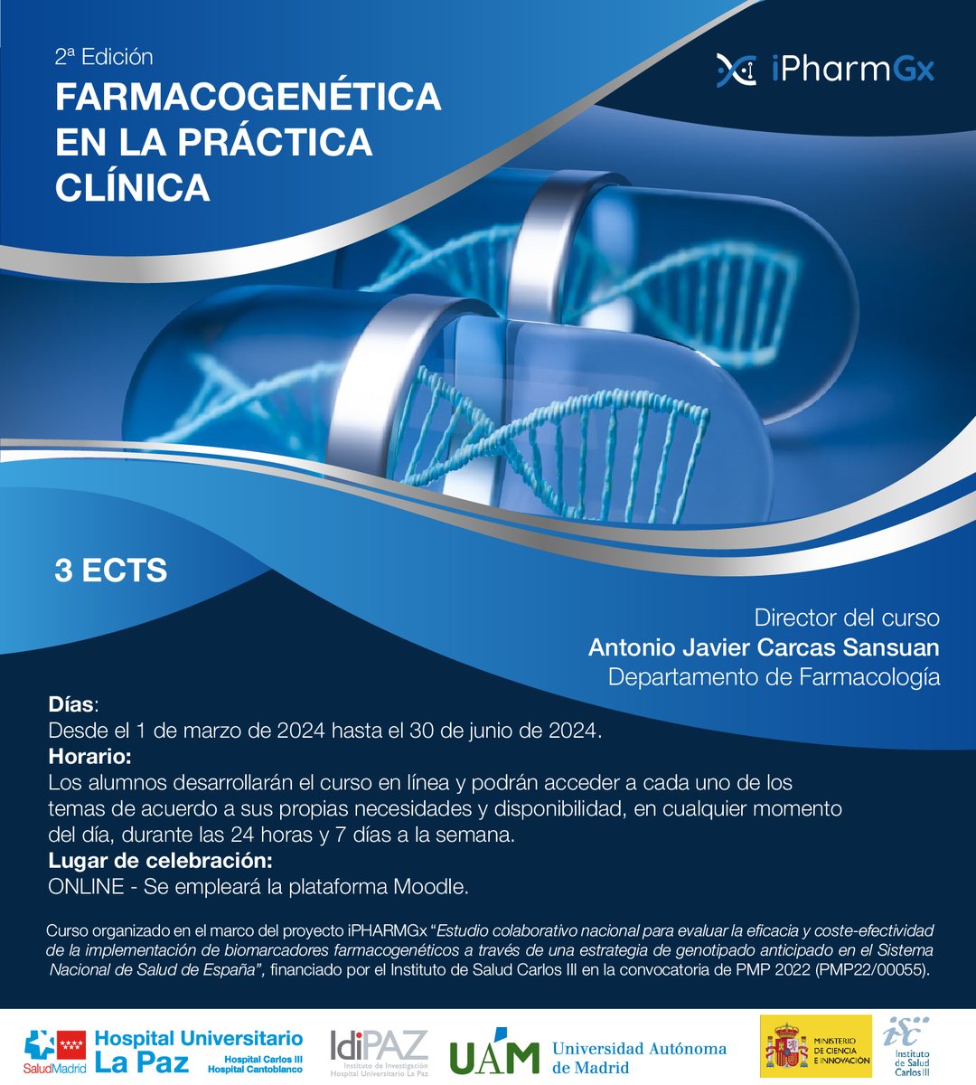 📢¡Apertura de la inscripción a la 2a Edición del Curso de Farmacogenética en la Práctica Clínica! ¡APÚNTATE! 🟢Curso ONLINE del 1 marzo al 30 de junio 2024 🟢 Información e inscripción: fuam.es/curso-corto/fa…