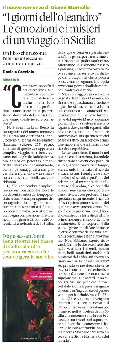 GianniStornello's tweet photo. Recensione sulla @GazzettaDelSud di ieri del mio #Igiornidelloleandro. Daniela Cacciola è stata molto brava nel fare emergere alcuni aspetti, come la struttura che da romanzo sentimentale assume quella del giallo, come in Sicilia spesso succede.
#LauranaEditore #Sicilia #libri https://t.co/Bvj0CgWRoD