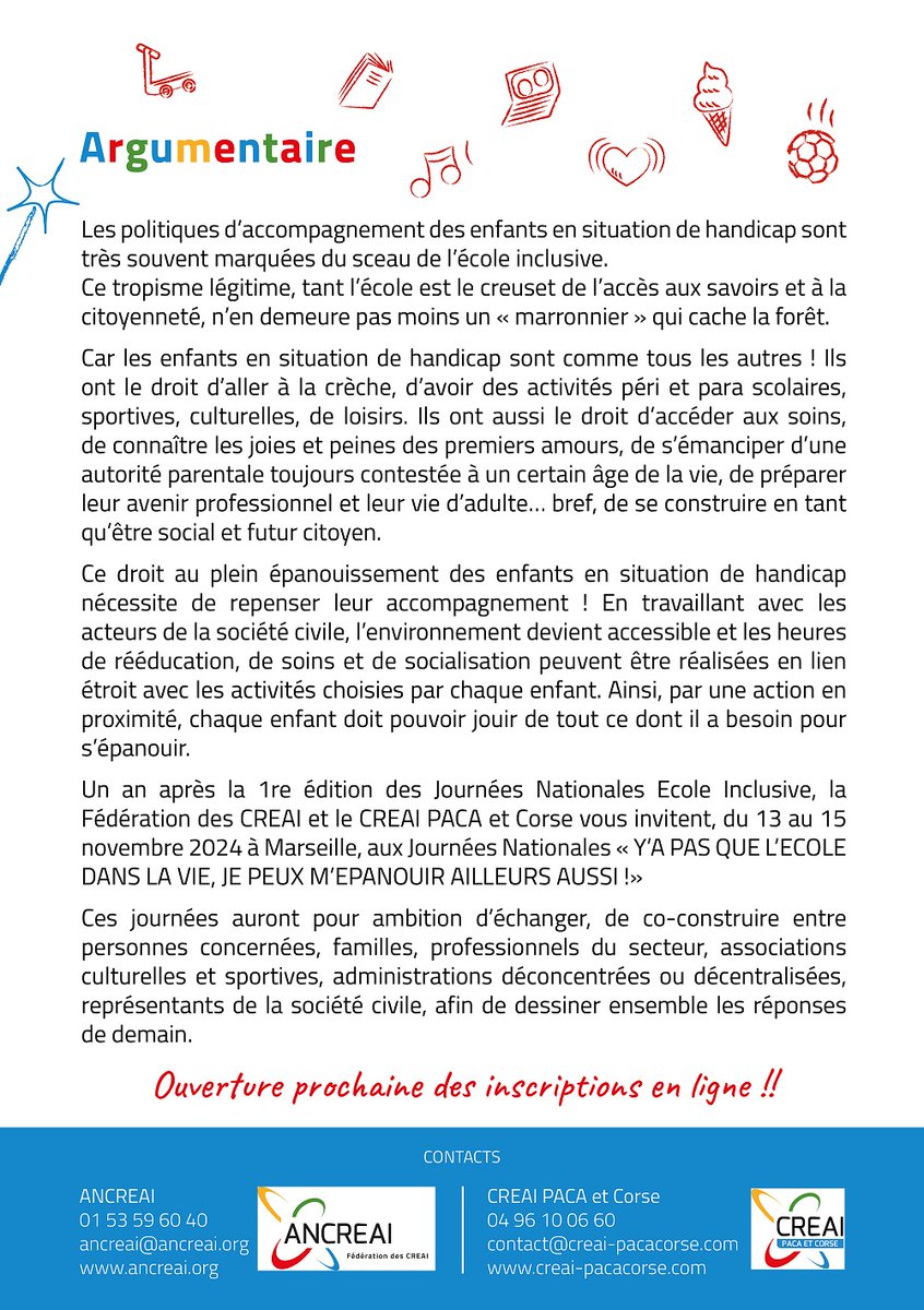 🗓 À VOS AGENDAS 📝

Participez aux journées nationales thème "Y’A PAS QUE L’ECOLE DANS LA VIE, JE PEUX M’ÉPANOUIR AILLEURS AUSSI" qui se tiendront du 13 au 15 novembre 2024 au Palais des Congrès, Marseille Chanot.

Pour plus d'infos, cliquez ➡ urlz.fr/pgKB