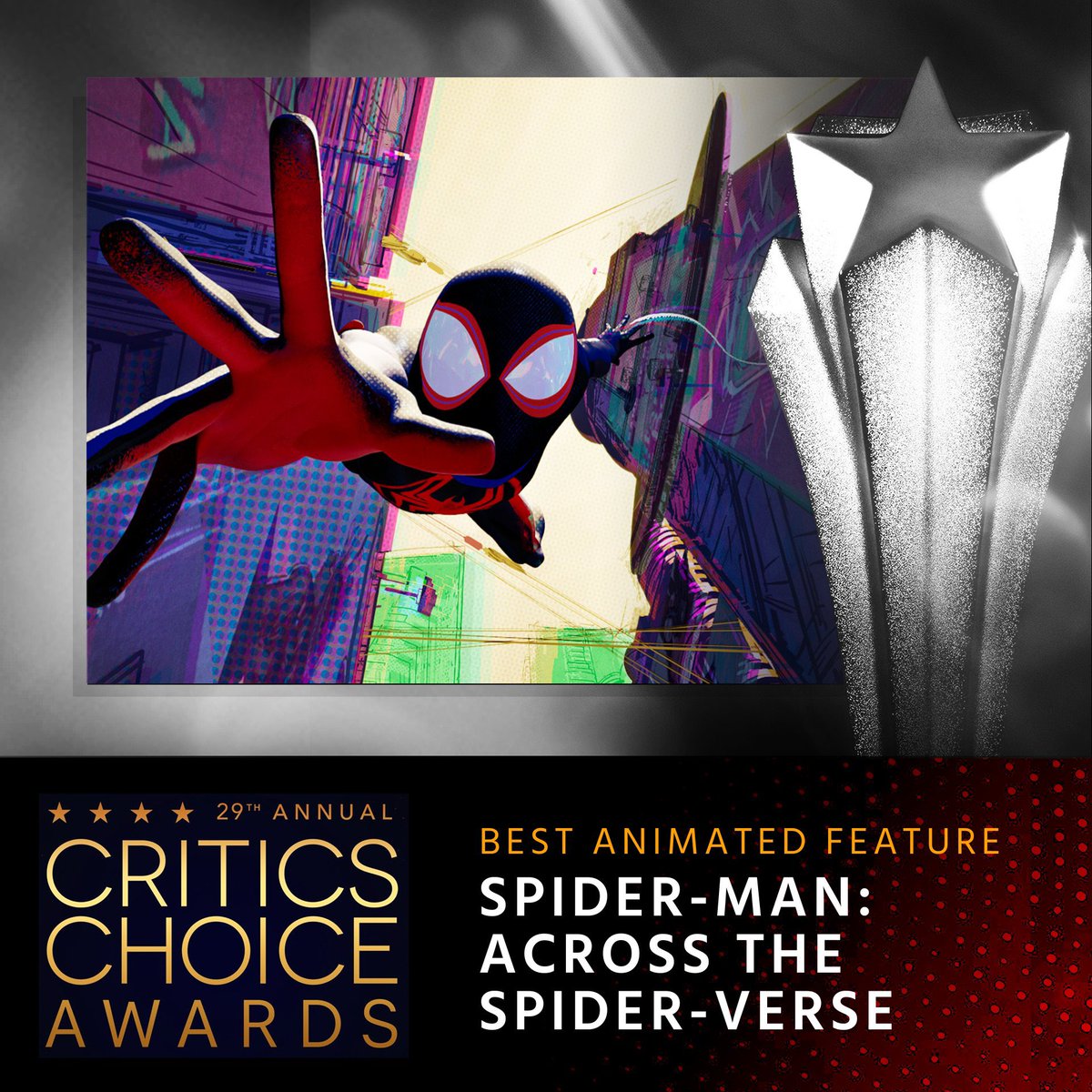 SpideyNewsFR's tweet photo. Spider-Man : Across the Spider-Verse a remporté le prix du meilleur film d'animation aux Critics Choice Awards. https://t.co/WRA4X4DNo4