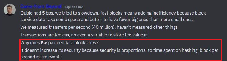 DesheShai's tweet photo. Hi $kas, time for a blockchain security 101, a.k.a. "ah yeah, the two types of security". A subtlety that a lot of people don't understand and often leads to misinformed takes like the one below.

But before diving into that, let me just list some other benefits of high BPS besides revert security:
0. Throughput
1. Mining decentralization
2. Smoother fee markets that actually kick in long before the network becomes saturated
3. MEV resistance

That being said, let us dive into the significance of high BPS (or more accurately, rapidly accumulating confirmations, which is not an immediate consequence of high BPS and is actually very hard to obtain) to the security of the network.

The crux of things is that there are actually two types of security against double-spend/liveness attacks: 49% security (better known as honest majority security) and 51% security (also known as economic security).

Interestingly, these two types of security are very different from each other, and rely on almost orthogonal things: 49% security increases with the number of obtained confirmations and has nothing to do with the mining market or values of transactions, whereas 51% security is completely determined by the mining market and the value of the transaction and has nothing to do with how the underlying protocol actually works (though at the end of the post I explain why even though higher BPS does not increase 51% security, it does allow leveraging it better).

Instead of talking about 49% security I will talk about p-security where 0<p<1/2.

The nicest way to illustrate p-security is as the following game between the honest network H and the adversary A: imagine a coin which has A and H written on its sides. The coin is biased against A: flipping it returns A with probability p.
We play a game where we flip the coin many times, if the result is A (resp. H) then A (resp. H) wins a point.
A wins the game if there is some point in time satisfying the following:
1. A has more points than H.
2. H has at least k points.

This game actually emulates a double-spend attack. The number of points each side has is the number of blocks they created. The bias of the coin represents A's computational inferiority. A point in time where A has more points than H represents a point in time where A has a longer chain than the honest chain so he can revert it. The condition "H has at least k points" means that users wait for k confirmations before submitting a transaction. So the probability of A winning the game is the same as the probability a p-attacker can revert a transaction that has k confirmations. For example, in Bitcoin this game is usually played with k=6.

It turns out that the probability for A winning the game grows with k as (p/(1-p))^k. That is, the probability of an p-attacker to succeed decays exponentially with the number of confirmations.

So if a Kaspa txn has 6 confirmations, it has exactly the same p-security as a Bitcoin transaction with 6 confirmations. Does Kaspa having 1BPS implies that this should only take 6 seconds? Not really: due to parallelism, some of the blocks created after the one containing the txn will be parallel to it, and will provide a confirmation. This is essentially the reason why after some point (the point where the block delay is shorter than the network delay), increasing block rates does not decrease confirmation time, and the confirmation time becomes dominated by network latency, which is the best possible (actually it doesn't rely on the actual network latency, but on an apriori bound on the network latency. DagKnight solves this, and this is why it is called parameterless).

Note that everything I said above is true even if Kaspa was mined by a single CPU. As long as there is an honest majority, this holds up.

The notion of "51% security" investigates the other side of this coin: how hard would it be to violate the honest majority assumption?

Quantifying 51% security is very hard since 51% security is not, strictly speaking, a security notion. A security notion says that an adversary can't do something. However, we can't assume that an adversary can't obtain a majority, neither can we try to argue that an adversary with a majority can be prevented from double-spending. The best we can do is to observe the mining market and try to estimate how hard it would be to carry a 51% attack.

The most naive interpretation of "how hard" is "how much electricity would it cost". This is the analysis sites such as https://t.co/1ax1xLIzFc do.

There are many problems with this approach, I'll list the two major ones:
1. It does not take into account capital expanse (or operational expanse outside energy costs). This does not make a lot of sense for ASIC dominated coins. Consider a hypothetical coin X which has ASICs that produce the same hash rate a GPU but require 0.1% of the energy. By moving from GPUs to ASICs, has the network became 1000 times less secure? How does you answer change if I tell you that each ASIC costs 5000 times more than a GPU? Suddenly an attack isn't that cheap, even if it requires much less energy.
2. It ignores scarcity: GPUs are general purpose and so many of them can be rented for short periods. ASICs are designed for a specific task and are manufactured by demand. A 51% attacker would have to somehow obtain control of a majority of the ASICs for long enough to carry out the attack. ASICs owners have no incentive to go along with this, since whatever bribe the attacker might pay them will not cover the devaluation of the coins (remember, they make a living off mining Kaspa) that will follow a successful attack. Let us be highly optimistic, and assume that a successful 10 minute double-spend attack will only devalue Kaspa by 10% for a month. Even then, compensating 51% of the miners for their loss would cost more than 20 million dollars, which is a bit more costly than the 9500$ of the electricity cost of running such an attack.
The attacker can of course take a different route and try to obtain sufficiently many ASICs for themselves, effectively pouring high amounts of money into equipment that is useless for everything except mining the coin they are about to completely devalue. Not to mention their massive buying will drive the hardware price through the roof, making the attack even more ridiculously expansive.

So while there's definitely a strong connection between 51% security and the mining market, it is a very complicated connection. It has much more factors than just the energy cost of the hashing rate (and in the context of ASIC dominated coins the energy cost actually becomes a negligible component, comparable even to the rent, network and maintenance costs required for keeping the ASICs online), and is highly affected by the cost and scarcity of the ASICs themselves, the fragmentation of the hash rate (and no, pools are not detrimental to this. Pools can't just participate in a 51% attack without anyone noticing since, as long as they do, the users of the pool do net get paid), ASIC scarcity, and human factors such as conviction, cultural barriers, or the sheer difficulty of rallying together thousands of entities without anybody noticing. The high BPS arguably makes such an attack even less feasible by furnishing a much more fragmented mining market.

To conclude, I just want to point out that high BPS do help getting 51% security faster.
Say that you were paid 1000$ worth of Bitcoin. Also say that 51% attacking Bitcoin costs 1000$/second (it doesn't, just an illustration). Does that mean that you can consider your transaction "secure" after one second? Of course not.
First, the 51% timer doesn't even start to tick before your first inclusion. So that's already 10 minutes. But that's not enough because you still want to be secure against 49% attacks or organic reorgs. So you wait for six confirmations to make sure that the probability that a 49% attacker is lucky enough to revert the transaction is about the same as a woman giving birth to a duck.
Only then, after a full hour, does 51% security even start becoming relevant.
Now say you were paid 1000$ worth of Kaspa, but you estimate that 51% attacking Kaspa costs 50$/second (again, just an illustration). After 10 seconds you already accumulate enough confirmation to feel secure against 49% attackers, and then you wait 10 seconds more to feel sufficiently secure against 51% attackers.
So while in this thought experiment Bitcoin is 20 times more costly to attack, the Kaspa user still enjoys 51% security much faster, simply because for all but very large transactions, 51% security times become smaller than 49% security times, and those are terrible for low BPS.